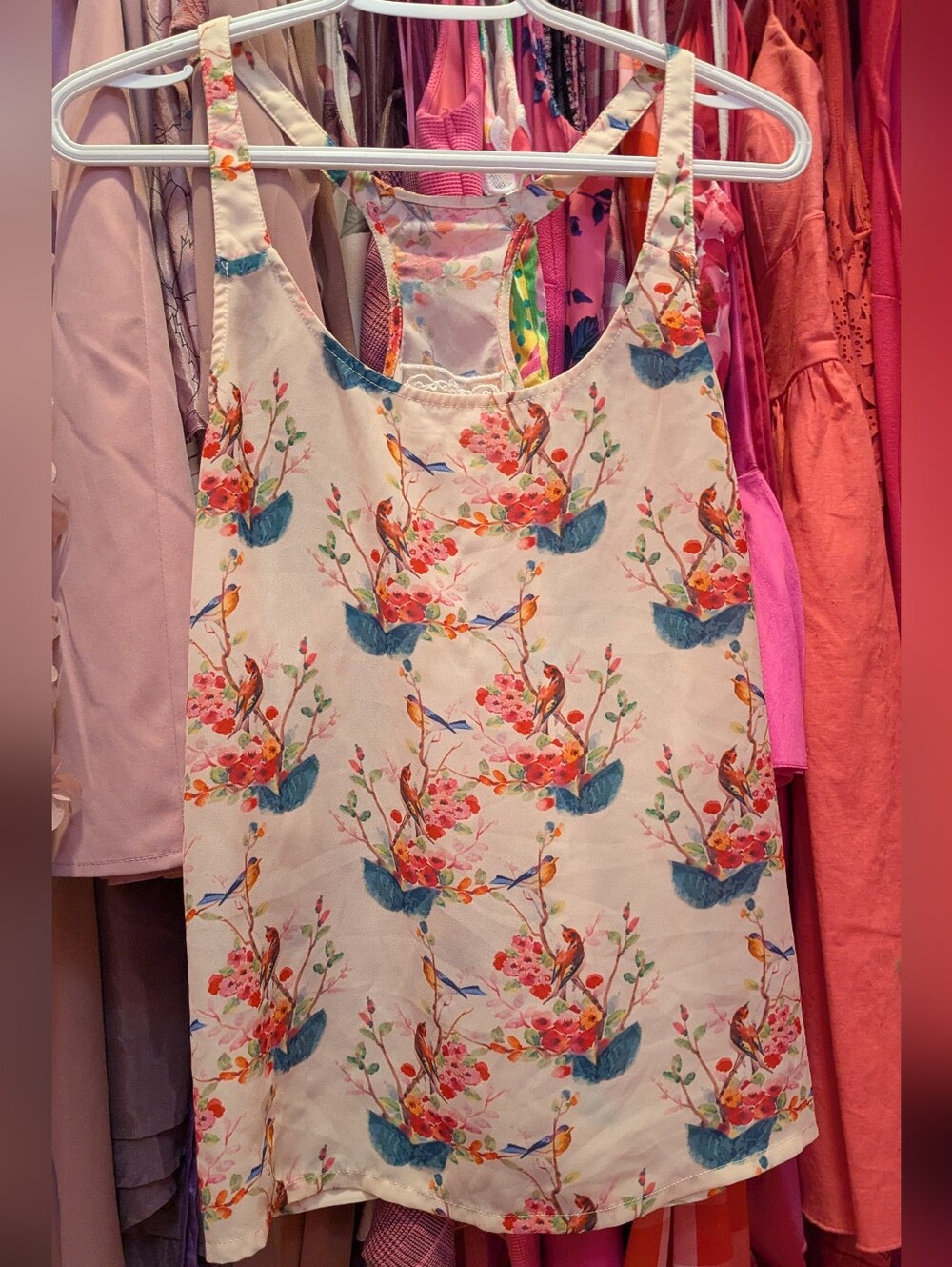 Pink Martini Cream Multicolour Floral & Bird Print Top Medium